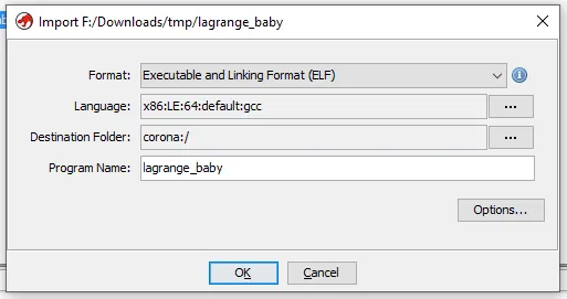 Ghidra import dialog